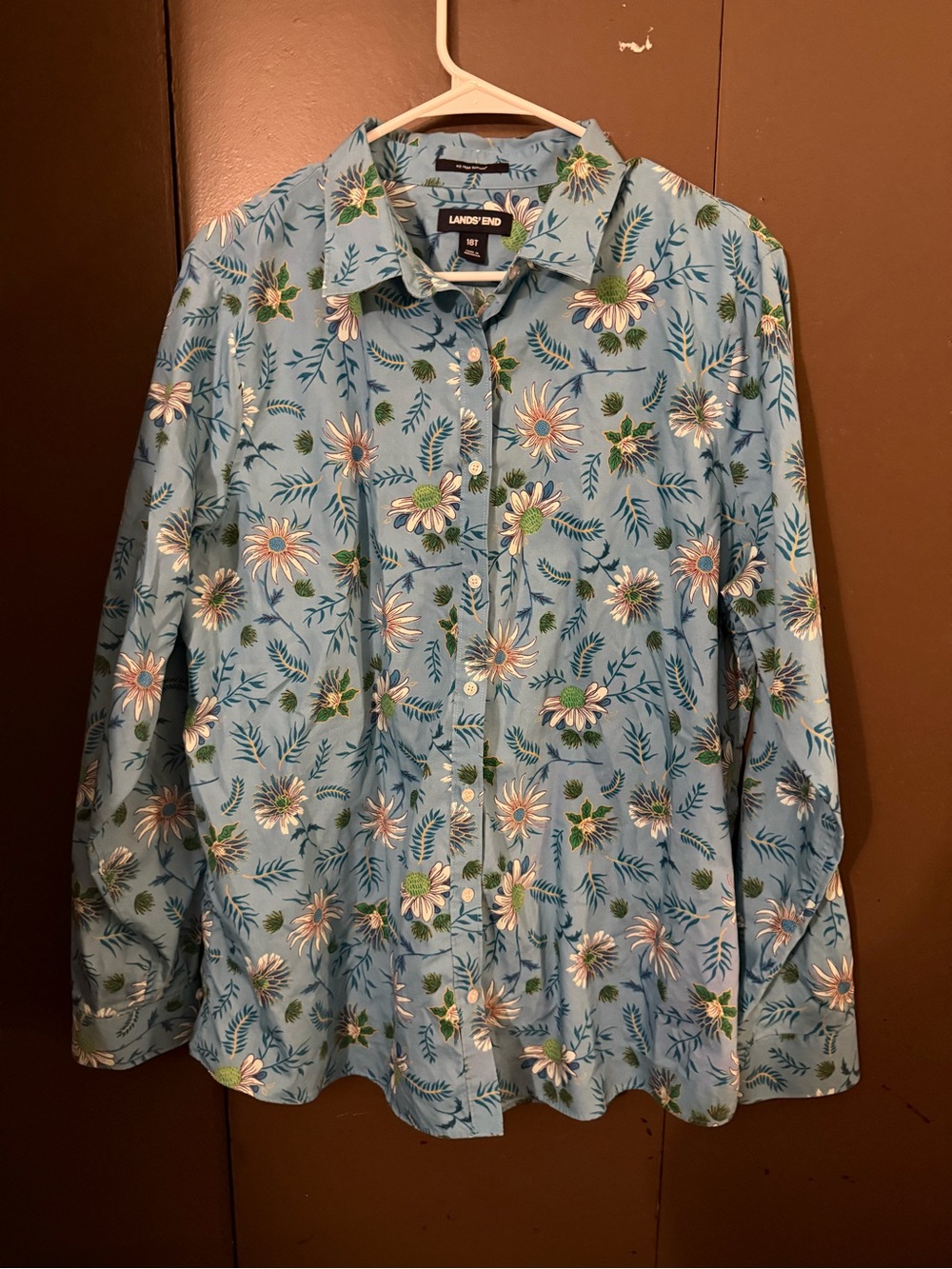 Lands' End Light Blue Floral Button-Down Shirt